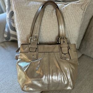 Coach Soho Pleated Leather Shoulder Tote Bag in Metallic Champagne/ Gold Color
